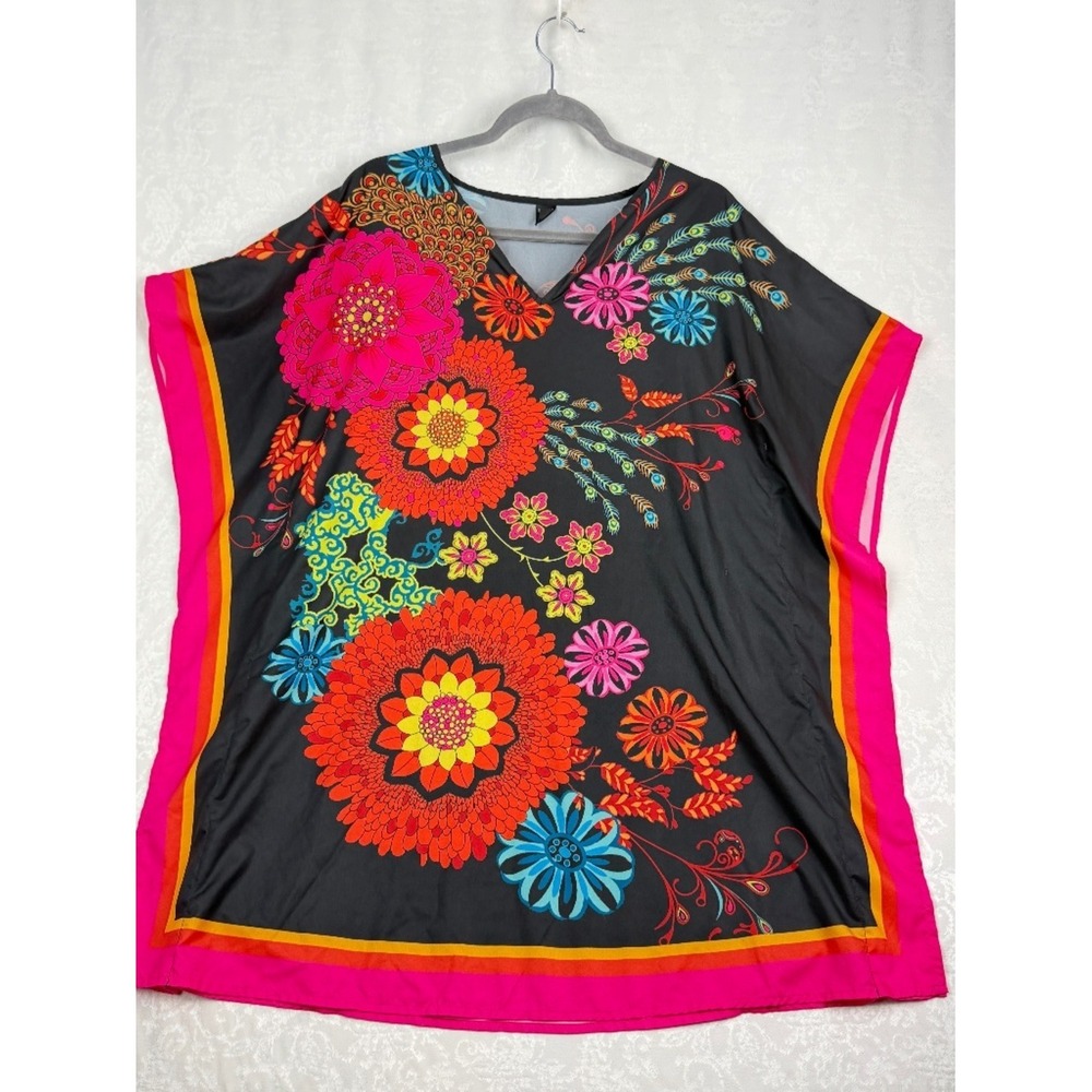 SHEIN Women L Tall Black Floral Blouse Kaftan Tunic Boho V-Neck Vacation Top